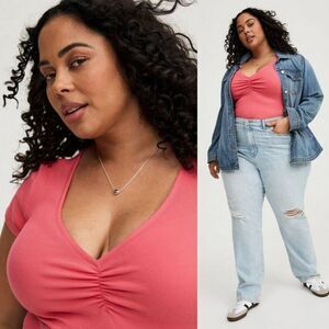 NWT Torrid Rib Knit Cinched Bust‎ V-Neck Tee T-Shirt Top in Honeysuckle Pink 1X